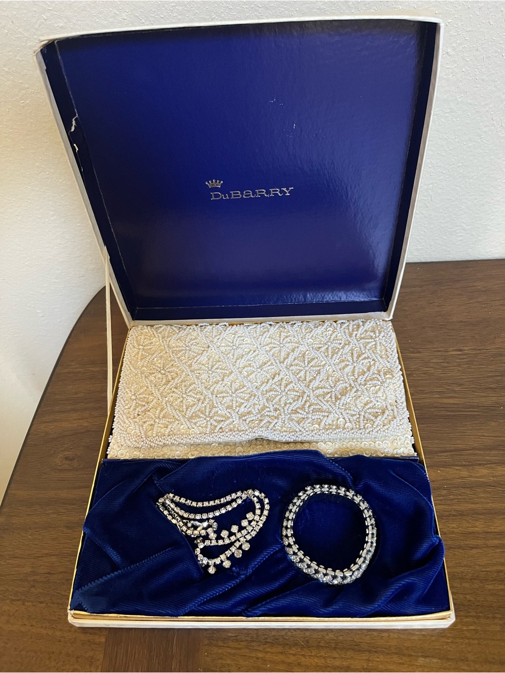 DuBarry Ivory Beaded Floral Clutch Snap Closure w/ Box & Vintage Jewelry